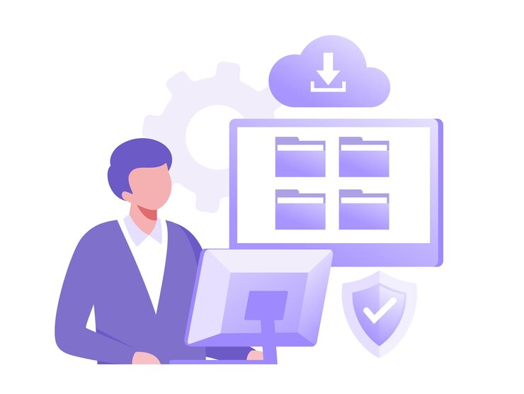 Vector concepto de servidor de datos tecnología de almacenamiento sistema de base de datos en la nube plantilla de escena de personas ilustración vectorial con actividades de personajes en diseño plano para centro de datos de carpeta de sitio web
