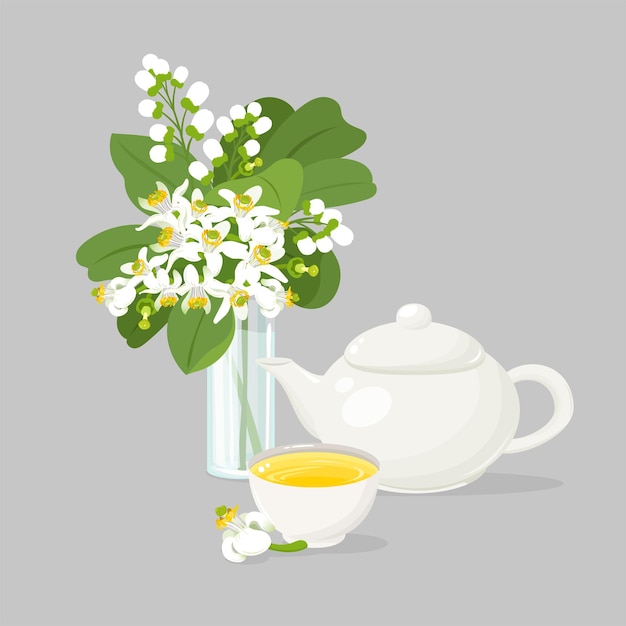 Concepto de set de té con florero de vidrio pomelo tea