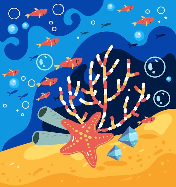 El concepto de silueta submarina de las algas marinas del océano de los bancos de peces Ilustración de diseño gráfico plano vectorial