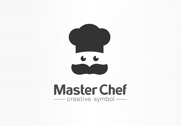 Concepto de símbolo creativo maestro cocinero. cara de cocinero, bigote y sombrero, logotipo de empresa abstracta de restaurante. cocina de panadero, menú de cafetería, icono de comida sabrosa