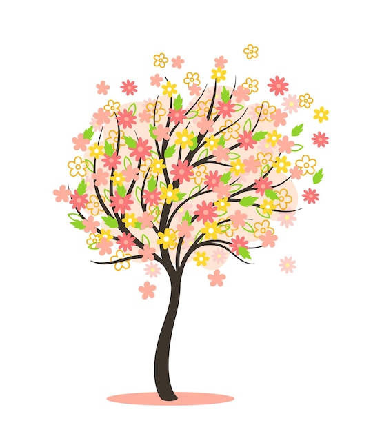 Concepto simple de árbol de primavera Cambios de estaciones del año y clima Floración y floración de plantas con flores rosadas Escena natural Dibujos animados ilustración vectorial plana aislada en fondo blanco