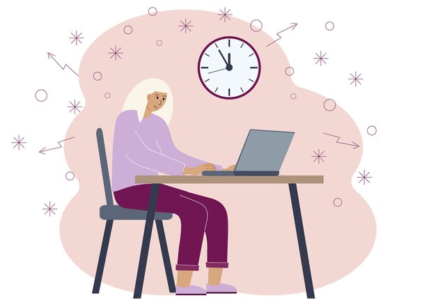 Concepto de sincronización en el trabajo o la formación. Ilustración de una mujer en un espacio de trabajo con una computadora portátil