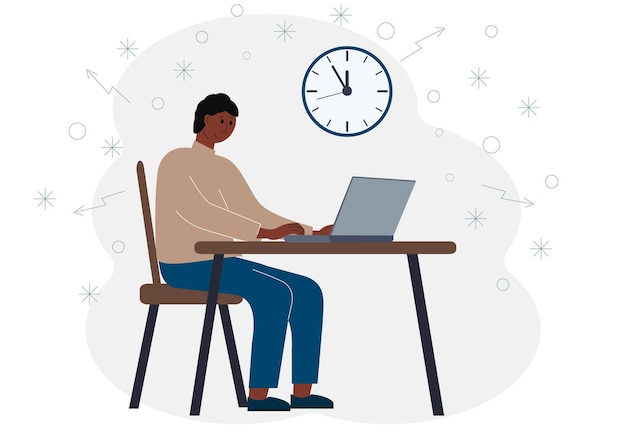 Concepto de sincronización en el trabajo o la formación. Ilustración de vector de un hombre en un espacio de trabajo con una computadora portátil