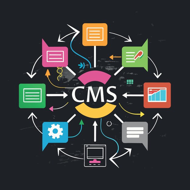 Concepto de sistema de gestión de contenidos flechas de varios colores que apuntan a la palabra CMS en el centro o CMS