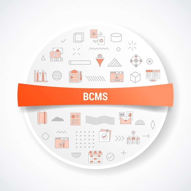 concepto de sistema de gestión de la continuidad del negocio de bcms con concepto de icono con forma redonda o circular para la ilustración vectorial de insignia