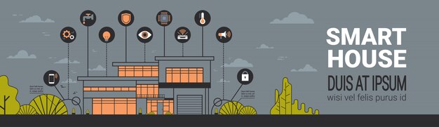 Concepto de sistema inalámbrico moderno de la tecnología del control de la casa de la bandera horizontal de infographics del hogar