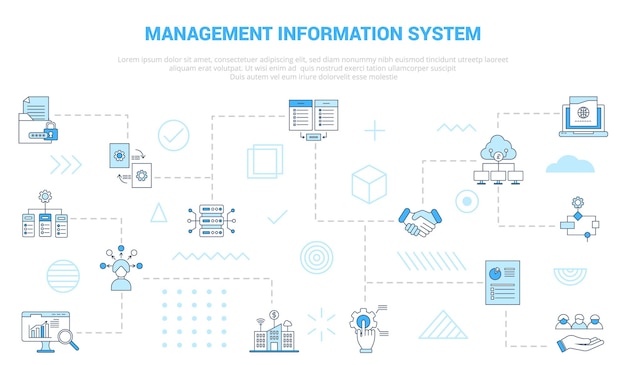 Concepto de sistema de información de gestión mis con banner de plantilla de conjunto de iconos con estilo de color azul moderno