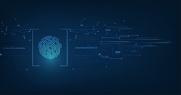 Concepto de sistema de seguridad abstracto de vector con huella digital sobre fondo de tecnología.