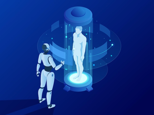 Concepto de sistemas ciberfísicos de Industria 4.0. Ciborg robot isométrico con inteligencia artificial trabajando en una interfaz virtual hud abstracta de humanos. Concepto de ciencia futura.