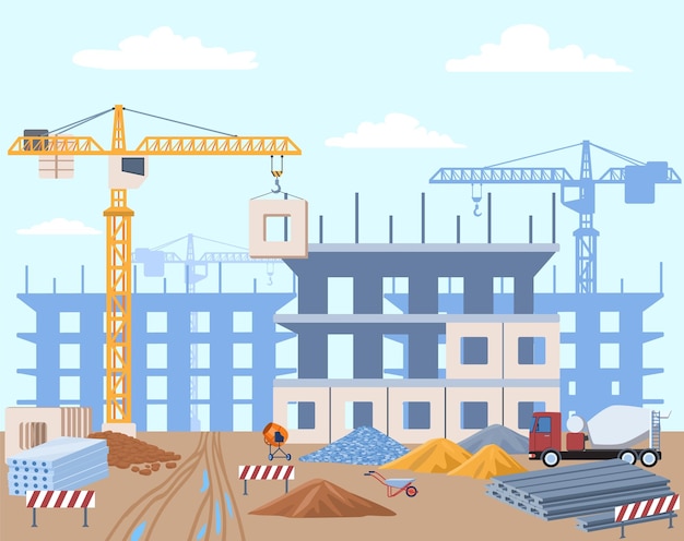 Concepto de sitio de construcción construcción de un nuevo complejo residencial de rascacielos o materiales de construcción