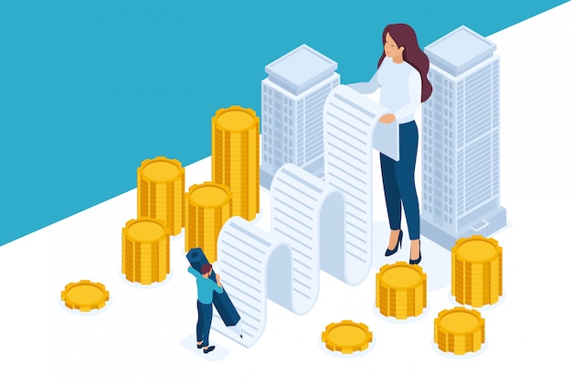 Concepto de sitio isométrico brillante Registro y emisión de dinero garantizado por bienes inmuebles, préstamo hipotecario. Concepto para diseño web