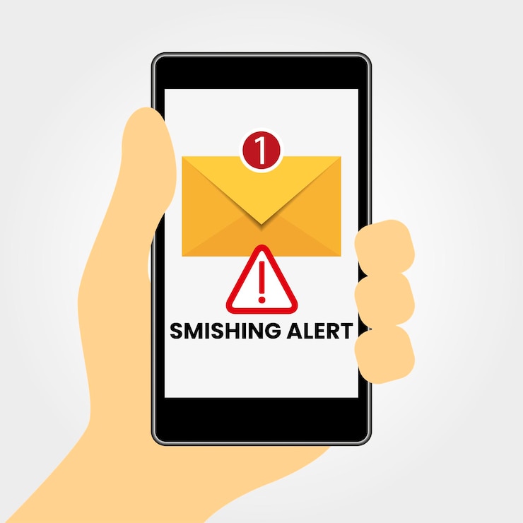 Vector concepto de smishing mano sosteniendo un teléfono celular con un sms fraudulento alerta de estafa de mensajería electrónica
