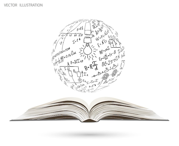 Concepto sobre el tema de la ciencia El mundo de las ecuaciones y fórmulas matemáticas que surgen de un libro abierto