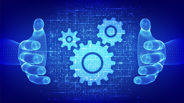 Concepto de software de automatización IOT Productividad de innovación Iconos de engranajes hechos con código binario en las manos