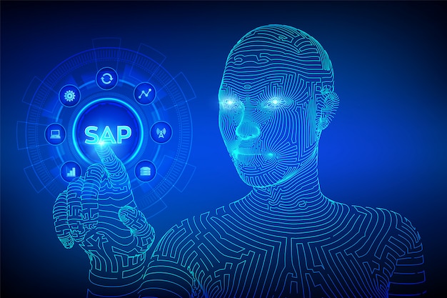 Concepto de software de automatización de procesos de negocio SAP en pantalla virtual. Wireframed cyborg mano tocando la interfaz digital.
