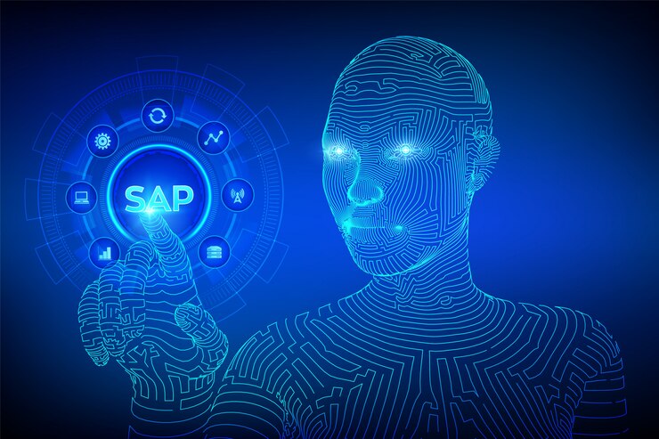 Vector concepto de software de automatización de procesos de negocio sap en pantalla virtual. wireframed cyborg mano tocando la interfaz digital.