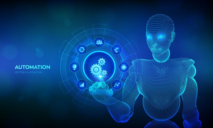 Vector concepto de software de automatización. wireframed cyborg mano tocando la interfaz digital.