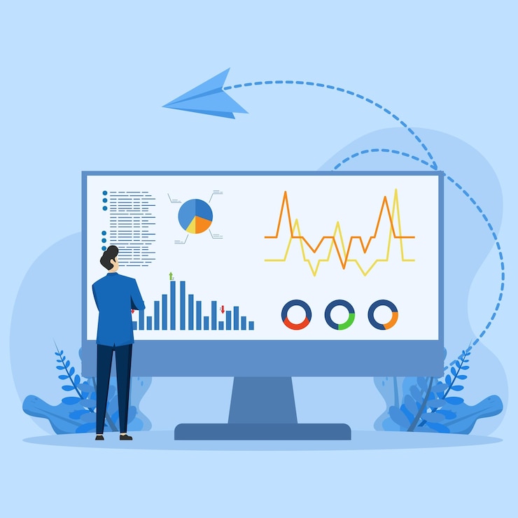 Vector concepto de software para el panel de control o tablero de control de monitoreo de datos del sistema personas que miran diagramas