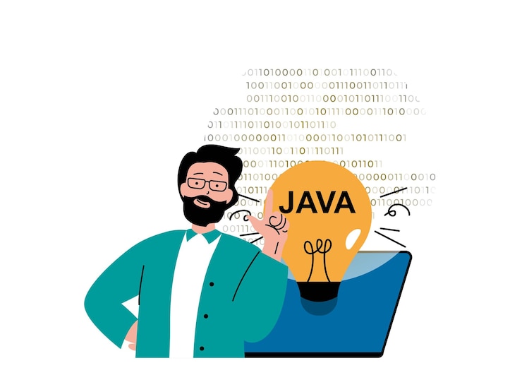 Vector concepto de software de programación con situación de carácter el hombre que trabaja con código de lenguaje de programa java genera una nueva idea y corrige errores ilustración vectorial con escena de personas en diseño plano para web