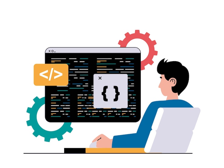 Vector concepto de software de programación con situación de carácter el hombre trabaja en la computadora y escribe código crea y optimiza páginas y programas ilustración vectorial con escena de personas en diseño plano para web