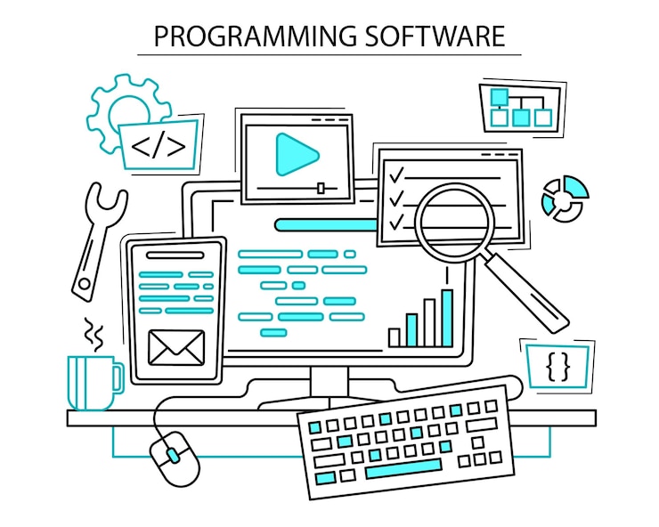 Vector concepto de software de programación vector de estilo lineal de contorno