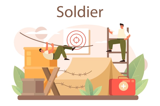 Concepto de soldado. Empleado de la fuerza militar en camuflaje con un arma. Equipo y tecnología del ejército. Estrategia y táctica de guerra. Ilustración de vector plano aislado