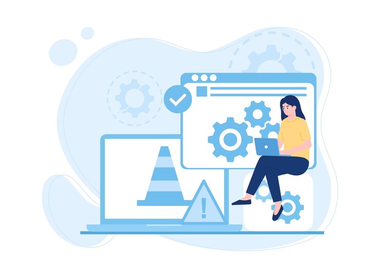 Vector concepto de solución de problemas de computadora portátil bajo construcción concepto de servicio de error ilustración plana