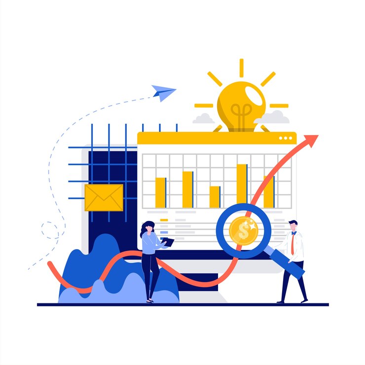 Vector concepto de soluciones de inversión con carácter. inversor que elige la idea de negocio para invertir, aumentando la riqueza.