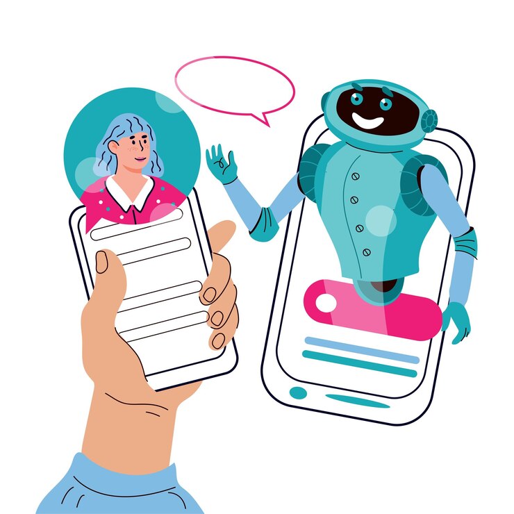 Vector concepto de soporte en línea de chatbot con mujer comunicándose con vector de dibujos animados de robot