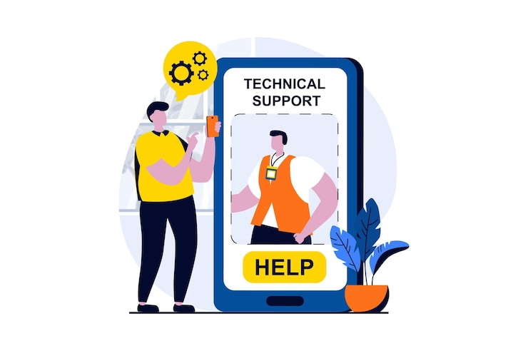 Vector concepto de soporte técnico con escena de personas en diseño de dibujos animados planos el hombre escribe al operador para resolver problemas usando la aplicación móvil el consultor ayuda al cliente en línea historia visual de ilustración vectorial para web