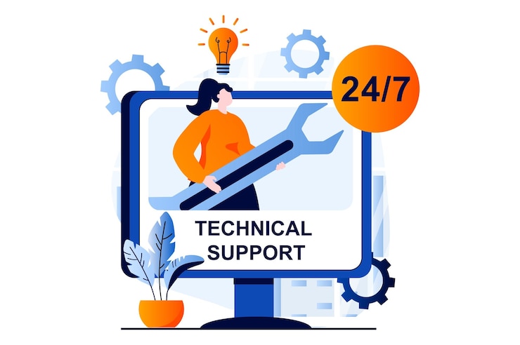 Vector concepto de soporte técnico con escena de personas en diseño plano de dibujos animados mujer con llave inglesa resolviendo problemas tecnológicos de clientes que realizan reparaciones y mantenimiento de computadoras ilustración vectorial historia visual para web