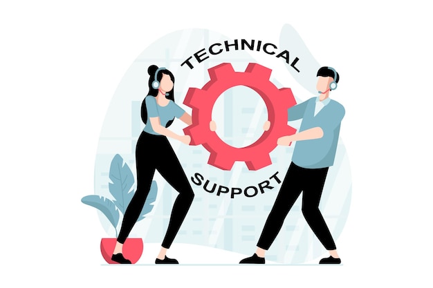 Concepto de soporte técnico con escena de personas en diseño plano Hombre y mujer en auriculares reciben llamadas y mensajes y ayudan a resolver problemas tecnológicos Ilustración vectorial con situación de carácter para web