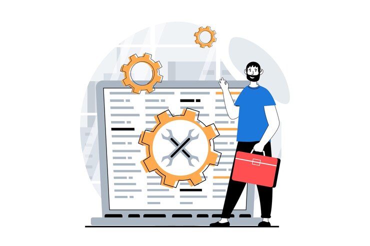 Vector concepto de soporte técnico con personas escena en diseño plano para web hombre consultoría clientes con problemas encontrar soluciones para los usuarios ilustración vectorial para medios sociales material de marketing de banner