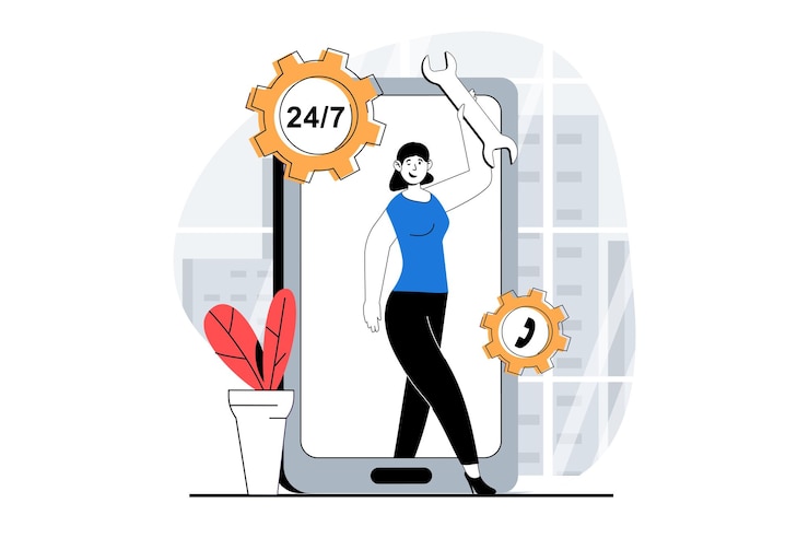 Vector concepto de soporte técnico con personas escena en diseño plano para web mujer que trabaja en el centro de llamadas consultoría y resolución de problemas ilustración vectorial para medios sociales material de marketing de banner