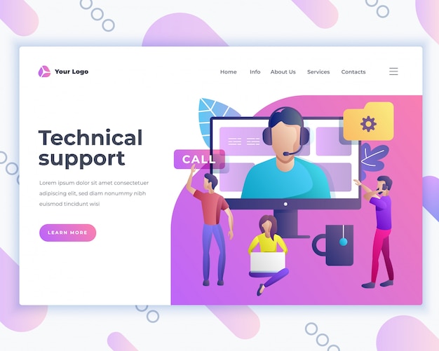 Vector concepto de soporte técnico de plantilla de página de aterrizaje con gente de oficina