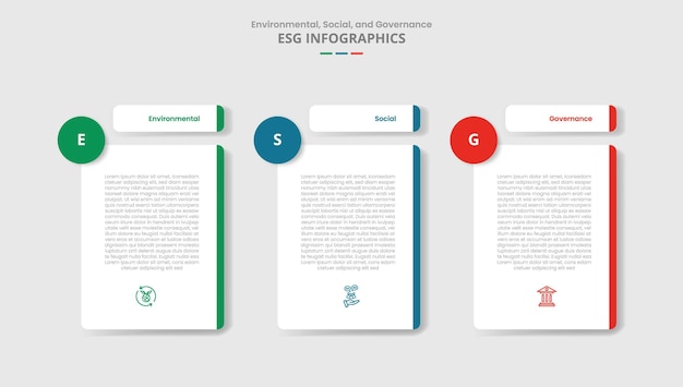 Concepto de sostenibilidad ESG para infografía con estilo de sombra caída con encabezado separado por tabla con insignia de círculo con información de lista de 3 puntos