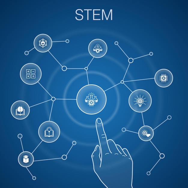 Concepto stem, fondo azul, ciencia, tecnología, ingeniería, iconos matemáticos