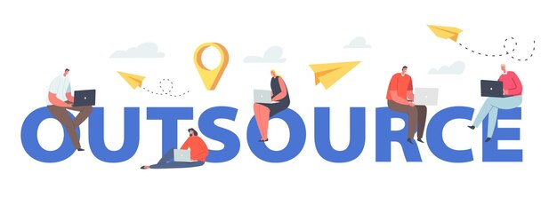 Concepto de subcontratación. Equipo de personajes de empresarios de outsourcing global con computadoras portátiles que trabajan a distancia en el mundo conectado en póster, pancarta o folleto de red. Ilustración de Vector de gente de dibujos animados