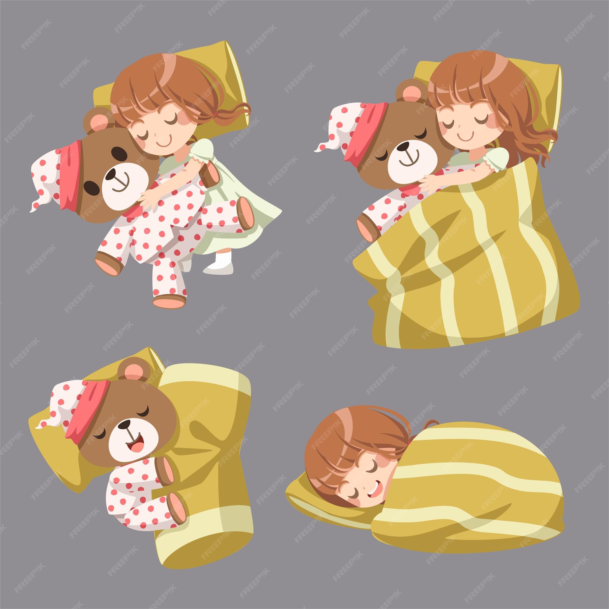Concepto de sueño de ilustración de dibujos animados de vector. el sueño adecuado es el mejor descanso. la niña durmió en su cama, abrazó a su osito de peluche favorito y durmió Concepto de sueño de ilustración de dibujos animados de vector. el sueño adecuado es el mejor descanso. la niña durmió en su cama, abrazó a su osito de peluche favorito y durmió