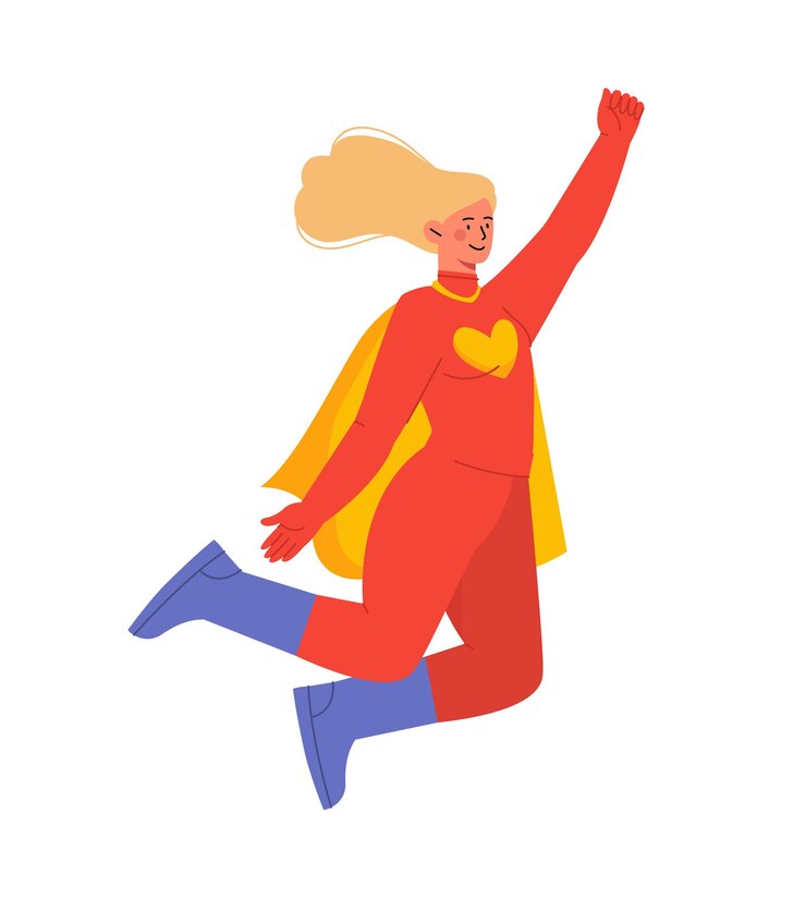 Vector concepto de superhéroe infantil niña vestida de rojo y amarillo con abrigo fantasía e imaginación ocio y