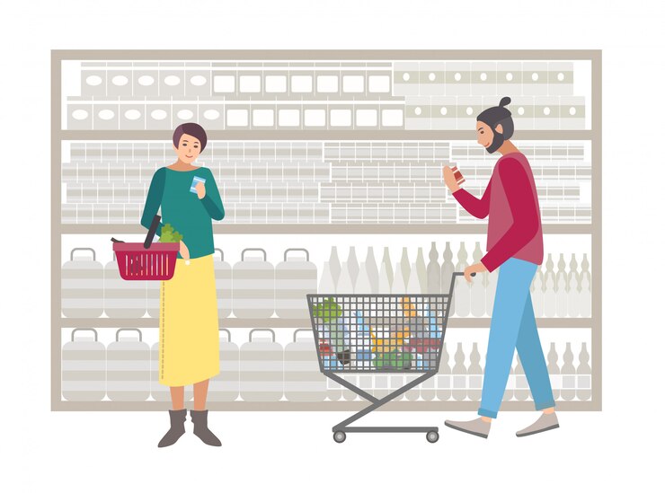 Vector concepto de supermercado o tienda. las personas con carrito de compras eligen productos cerca del estante. los compradores chica y chico con comida, compras. colorida ilustración plana.