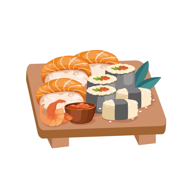 Concepto de sushi de comida japonesa. Esta es una ilustración colorida y vibrante de un plato de sushi japonés.