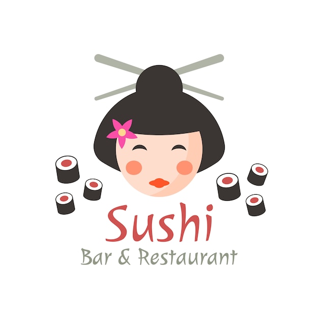 Concepto de sushi, plantilla de logotipo aislado geisha con texto de ejemplo