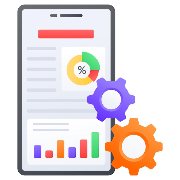 El concepto de tablero de KPI de la aplicación móvil, las métricas del sitio web en la pantalla de inicio, el diseño del icono de color vectorial y el anfitrión web.