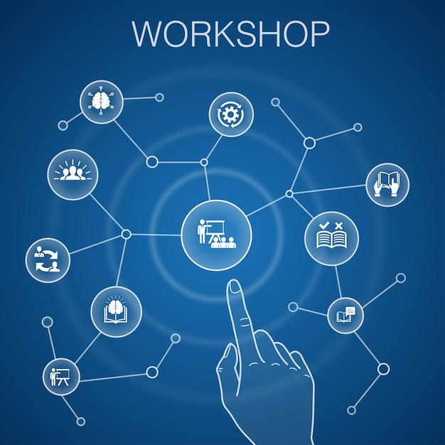 Concepto de taller, fondo azul. Motivación, conocimiento, inteligencia, iconos de práctica