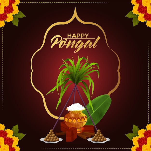 Concepto de tarjeta de felicitación feliz pongal con olla de barro y caña de azúcar