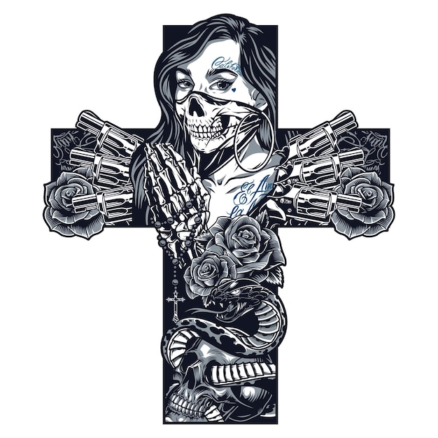 Concepto de tatuaje chicano monocromo vintage en forma de cruz con niña en máscara de miedo manos esqueléticas sosteniendo rosario revólveres serpiente entrelazada con calavera rosas ilustración vectorial aislada