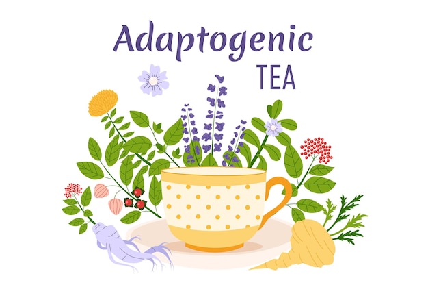 Concepto de té adaptógeno. Conjunto de hierbas ayurvédicas y taza. Ilustración de vector plano.