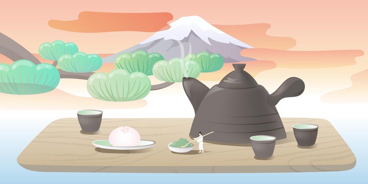 Vector concepto de té de japón. gente diminuta está trabajando en una gran taza de té. monte fuji en la puesta de sol. ilustración de vector.