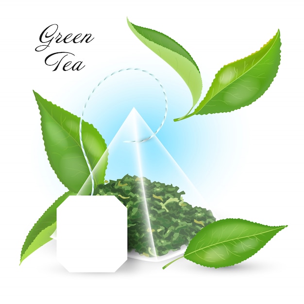 Vector concepto de té negro con bolsita de té piramidal y hojas realistas. ilustración.